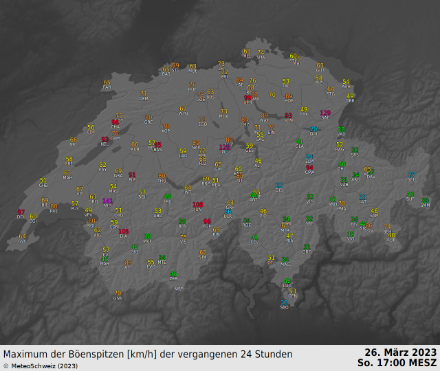 Böenspitzen von heute Sonntag bis 17 Uhr.