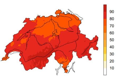  Mittlere relative Sonnenscheindauer [%] aller antizyklonalen Nordostlagen im Frühling in der Zeitperiode 1981-2010 (88 Fälle). Im Frühling bringen antizyklonale Nordostlagen kaum mehr Hochnebel, die relative Sonnenscheindauer ist im Mittelland nicht wesentlich tiefer als in der übrigen Schweiz.