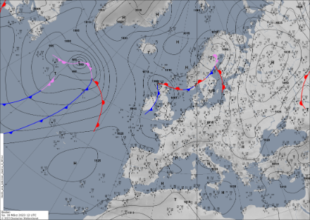 Bodenwetterkarte zeigt ein Tiefdruckrinne, welche sich von Grossbritannien bis zu den Balearen erstreckt.