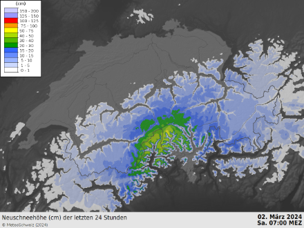 24-stündige Neuschneemengen zwischen Freitag- und Samstagmorgen, abgeleitet aus Radar- und Messdaten.
