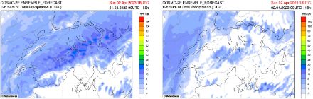 12-Stunden Niederschlagssumme am 02.04.2023 von 6 bis 18 UTC, berechnet vom COSMO-2E Modell am 31.03.2023, 0 UTC (links) und am 02.04.2023, 0 UTC (rechts).