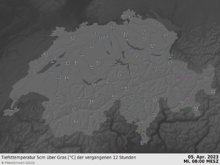 Tiefsttemperatur in Bodennähe in der Nacht auf heute - in der Deutschschweiz trat verbreitet starker Bodenfrost auf.