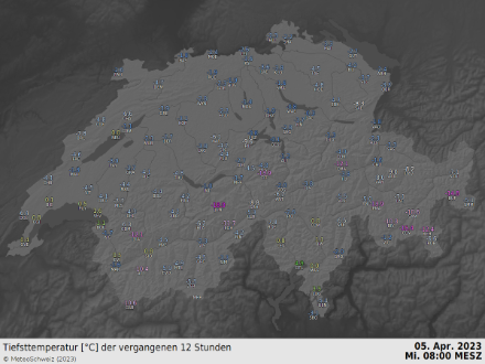 Tiefsttemperatur in der Nacht auf heute auf der Standardmesshöhe von zwei Metern. Es trat verbreitet Frost auf, einzig am Genfersee und teilweise im Tessin blieben die Werte über dem Gefrierpunkt.