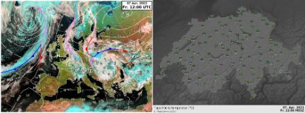 Bodenwetterkarte (links) und Tageshöchsttemperaturen (rechts) von Karfreitag.