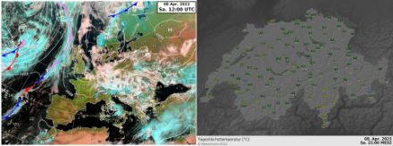 Bodenwetterkarte (links) und Tageshöchsttemperaturen (rechts) von Karsamstag.