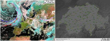 Bodenwetterkarte (links) und Tageshöchsttemperaturen (rechts) von Ostersonntag.