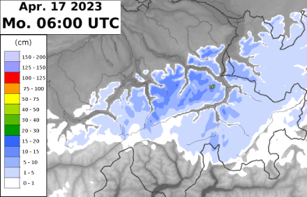 Prognostizierte Neuschneemenge von Sonntagabend bis Montagmorgen, 17. April 2023. Datengrundlage: Kontrolllauf des Vorhersagemodells COSMO-1E der MeteoSchweiz, Stand Sonntag 15 Uhr. 