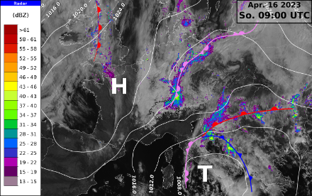 Satellitenbild (sichtbarer Kanal, Bewölkung erscheint in weissen Farbtönen), Luftdruck (weisse Isolinien) und Niederschläge (Europäisches Radarkomposit in Farbe) am Sonntag, 16. April 2023, um 09 UTC. 