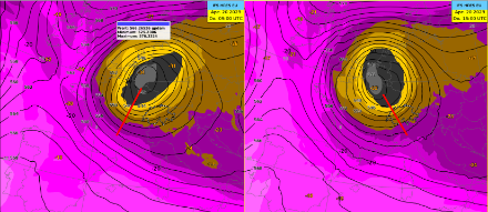 Geopotential und Temperatur (in Farbe) auf 500 hPa (links um 9 UTC, rechts um 15 UTC). Das Höhentief mit seinem kalten Kern (graue und schwarze Farbtöne) ist gut zu erkennen. Rot eingezeichnet ist ein Teiltrog, der in der zweiten Tageshälfte über die Schweiz zog. 