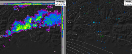 Links Radar mit Schauern und rechts das Windfeld mit Konvergenz in der Region Locarno im Tessin um 7:10 Uhr Lokalzeit. 