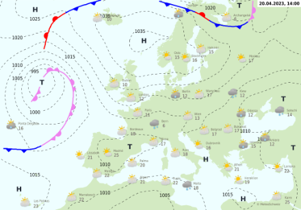 Bodenwetterkarte mit Fronten am 20.4.2023. 
