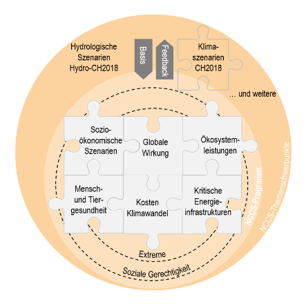 Schematische Darstellung des Programms NCCS-Impact mit den sechs sektorenübergreifenden Themen.