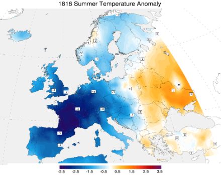 Abweichung der Temperatur (in °C) im Sommer 1816 im Vergleich zum langjährigen Mittel 1971-2000. Quelle: Wikipedia, https://de.wikipedia.org/wiki/Jahr_ohne_Sommer