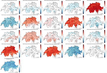 Abweichungen der April-Durchschnittstemperatur von der Norm 1991-2020 in den Jahren 2003 links oben bis 2023 links unten (die Jahresabfolge ist zeilenweise zu lesen). Rot: wärmer als normal. Blau: Kälter als normal. 