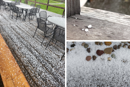 Graupel auf Stühlen und Blumenbeeten.