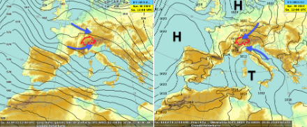Vorhersage des Geopotentials auf 500 hPa (ca. 5500 m ü.M.) links und des Luftdrucks auf Meereshöhe rechts für Sonntagmittag, 30.4.23, gemäss dem europ. Wettermodell IFS-HRES. T = Tiefdruckgebiet, H = Hochdruckgebiet. Die blauen Pfeile zeigen die Windrichtung auf der entsprechenden Höhe an (links auf 500 hPa, rechts am Boden). 