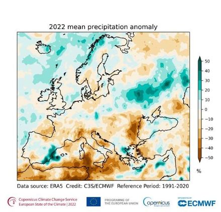 Europakarte zu den Niederschlagssummen im Jahr 2022.