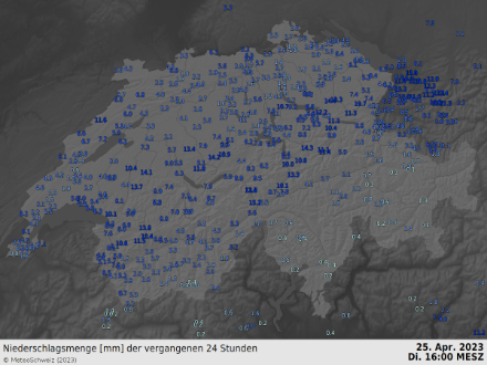 Karte mit Niederschlagsmessungen der vergangenen 24 Stunden.