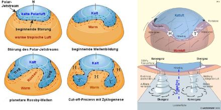 Schematische Darstellung der Bildung von Rücken und Trögen bis zum «Cut-off» Prozess (links) und die Auswirkungen auf die vertikalen Prozesse (rechts).