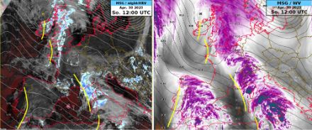 Situation am 30.04.2023, 12 UTC: Links das Satellitenbild (sichtbarere Kanal) mit Radarcomposit und dem 500 hPa Geopotential (IFS-Modell), rechts Satellitenbild (Wasserdampfkanal) und 300 hPa Geopotential (IFS-Modell). Gelb eingezeichnet auf den jeweiligen Höhen die Trogachsen zeigen rechts davon die deutliche Anfeuchtung.