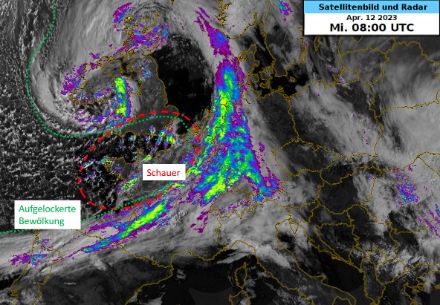 Satelliten- und Radarbild mit Beschriftungen.