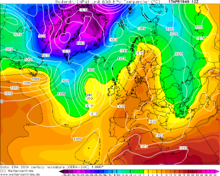 Bodendruck [hPa] und Temperatur auf 850 hPa [° C] am 17. April 1949 um 12 UTC. An diesem Ostersonntag bestimmte ein Hoch über Osteuropa das Wetter in der Schweiz. Ausserdem lag nördlich der Alpen eine sehr milde Luftmasse, herrschten doch auf 850 hPa (ca. 1500 Meter ü. M.) über 10 Grad, was die in den Niederungen gemessenen 25 Grad verständlich macht.