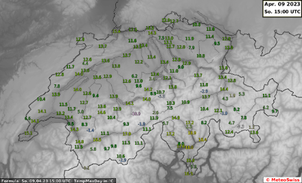 Tageshöchsttemperatur [°C] heute, den 9. April 2023, bis um 15 UTC. Mit 12 bis 15 Grad war es heute in den Niederungen der Deutschschweiz für sonnige Verhältnisse eher kühl. Deutlich mildere Temperaturen wurden im Zentralwallis mit bis 18 Grad und in den Niederungen der Alpensüdseite mit knapp 19 Grad festgestellt.