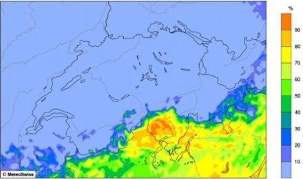 Erwartete Sonnenscheindauer in Prozent vom maximal Möglichen am Sonntag, den 16. April 2023, gemäss dem Modell COSMO-2E. Während die meisten Gebiete der Schweiz wohl sonnenlos bleiben, wird sich die Sonne auf der Alpensüdseite voraussichtlich meist zwischen 50 und 90 % zeigen.