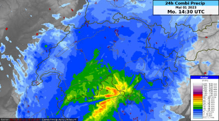 Die Niederschlagsbilanz der letzten 48 Stunden. Im Süden hat es grossflächig über 30 mm, im westlichen Tessin und stellenweise im Mittel-Tessin 40 - 70 mm Niederschlag gegeben. Das Maximum im Süden ist der Feuchtigkeit geschuldet, welche vom Tief über dem nördlichen Mittelmeer an die Alpen geführt wurde. Im Wallis und im Berner Oberland sorgte der Trog in der Höhe sowie das Gegenhalten des Nordwestwindes und der Bise für ein Übergreifen der Niederschläge aus Süden. Das Aufgleiten des Südwestwindes auf der Bise liess den Niederschlag weit gegen Osten ausgreifen. Die punktuellen Maxima im Westen sind auf den konvektiven (schauerartigen) Niederschlag am Nachmittag zu führen.