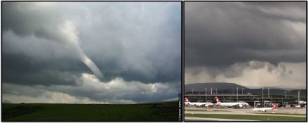 Blindtrombe, Trichterwolke oder "funnel cloud", über dem Flughafen Zürich (rechts).