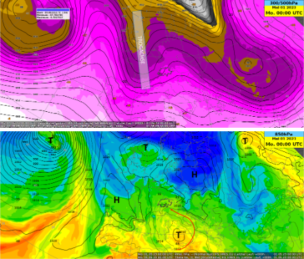 Oben: Geopotential und Temperatur auf 500 hPa. Eingezeichnet ist die Trogachse. An dieser Stelle merken wir uns etwas für später: die kälteste Luft ist im Trog selbst zu finden. Meteorologen und Meteorologinnen bezeichnen diese Luft als Höhenkaltluft. Unten: Temperatur auf 850 hPa und Bodendruck. Schematisch stellt ein Pfeil dar, wie das Tief über dem Mittelmeer Feuchtigkeit zur Alpensüdseite schaufelt.