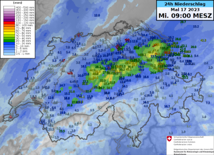 Niederschlagssummen über 24 Stunden vom 16. Mai 9 Uhr bis 17. Mai 9 Uhr. Mit den bereits schon feuchten Böden gelangte einiges an Regen direkt in den Abfluss. Quelle: MeteoSchweiz