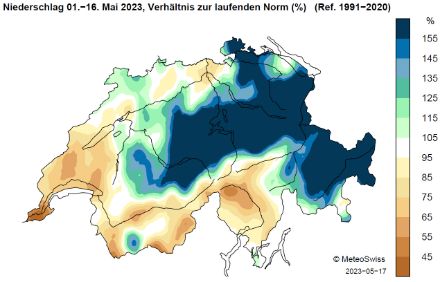 Vergleich der Niederschlagsmenge vom 1 bis 17. Mai im Vergleich zum langjährigen Durchschnitt für die gleiche Periode. Quelle: MeteoSchweiz