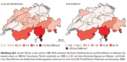 Links Anzahl Waldbrände zwischen 1990 und 2014 und rechts die erfasste Brandfläche. Quelle: «Wald im Klimawandel», Pluess et al (2016)
