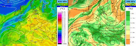 Wetterlage am Sonntag, 21. Mai 2023 um 12 UTC gemäss dem Wettermodell IFS HRES. Links: Äquivalentpotentielle Temperatur auf 850 hPa und Luftdruck reduziert auf Meereshöhe. Rechts: Relative Luftfeuchtigkeit und Geopotential auf der 700 hPa Druckfläche. 