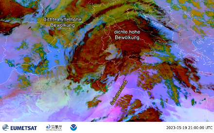 Satellitenbild (DustRGB) von Freitagabend, 19. Mai 2023. Im Grenzgebiet Tunesien-Libyen wird mit Saharastaub beladene Luft (pinke Farbtöne) in den Mittelmeerraum geweht. 