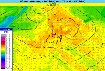 ECMWF-Modellprognose für den Montag, 22.05.2023, 14 Uhr: Höhenströmung in etwa 5.5 Kilometer Höhe und Äquivalentpotentielle Temperatur in etwa 1500 Meter Höhe. Je röter die Einfärbung, desto energiereicher die Luft.