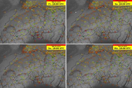Karte der Schweiz mit vorhergesagten Temperaturen