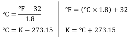 Formeln für die Umrechnung der verschiedenen Temperaturskalen. °C = Grad Celsius, °F = Grad Fahrenheit, K = Kelvin