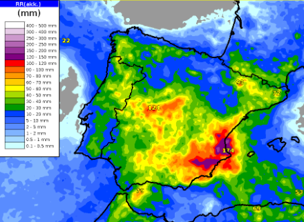 Karte mit aufsummierten Niederschläge in Spanien