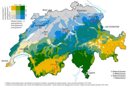 Schweizer Karte mit kombinierter Angabe sowohl zum Niederschlag als auch zur Sonnenscheindauer
