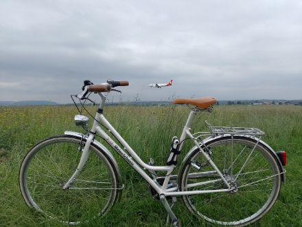 Velo mit Flugzeug im Hintergrund. Nach der Arbeit hatten unsere Praktikanten Zeit, um die Gegend zu erkunden. Neben einer Wanderung auf den Uetliberg und einer Fahrt zum Rheinfall war auch eine Velotour um den Flughafen Zürich dabei. 