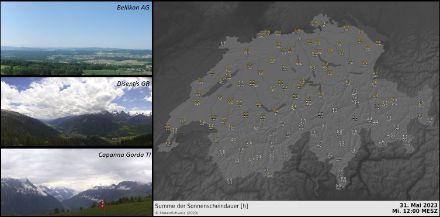 Von wolkenlos bis stark bewölkt oder «je nördlicher desto sonniger», so das Motto am Mittwochvormittag. Sonnenscheindauer in Stunden bis 12 Uhr (rechts) und Webcambilder (links) um 12 Uhr. 