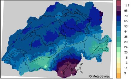 100-jährliche Widerkehrperiode der 1-stündigen Niederschläge [mm] in der Schweiz. Die 1-stündigen Spitzenwerte treten weitaus am häufigsten bei Gewittern auf. Die grössten Stundensummen mit über 100 mm können dabei im Südtessin erwartet werden, also in jenem Gebiet, in welchem auch die Gewitterhäufigkeit am höchsten ist.