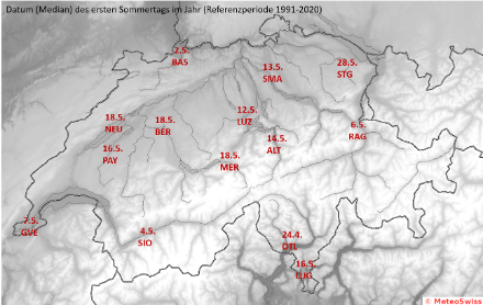 Datum (Median) des ersten Sommertags im Jahr an ausgewählten Stationen der Niederungen. Als Sommertag werden Tage mit einer Tageshöchsttemperatur von 25 Grad oder mehr gezählt.