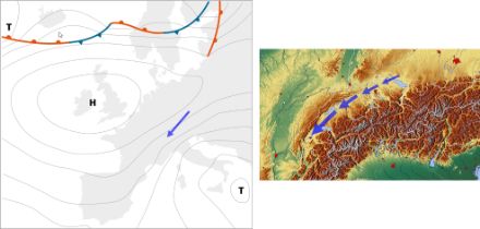 Druckverteilung über Europa während einer Bisenlage (linkes Bild), die Bise in der Schweizer Topografie (rechtes Bild).