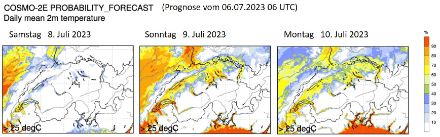 Wahrscheinlichkeit für eine Tagesmitteltemperatur über 25 Grad für Samstag (links) bis Montag (rechts), berechnet von unserem COSMO-2 Ensemblemodell.