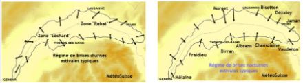 Links: Namen und Windrichtung des typischen Seewindes tagsüber  (brises diurnes). Rechts: Namen und Windrichtung des typischen Landwindes während der Nacht (brises nocturnes). 