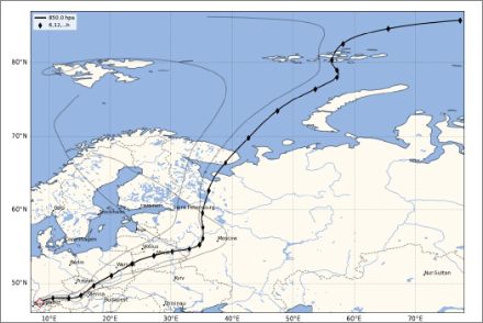 Karte von Nordeuropa und dem Polarmeer mit Trajektorien.