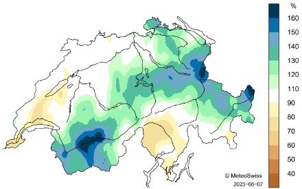 Karte zum Niederschlag im Frühling in der Schweiz.
